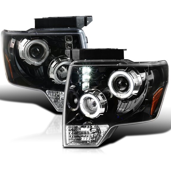 Spec-D Tuning Jet Black LED Halo Projector Headlights Compatible with 2009-2014 Ford F150, Left + Right Pair Headlamps Assembly