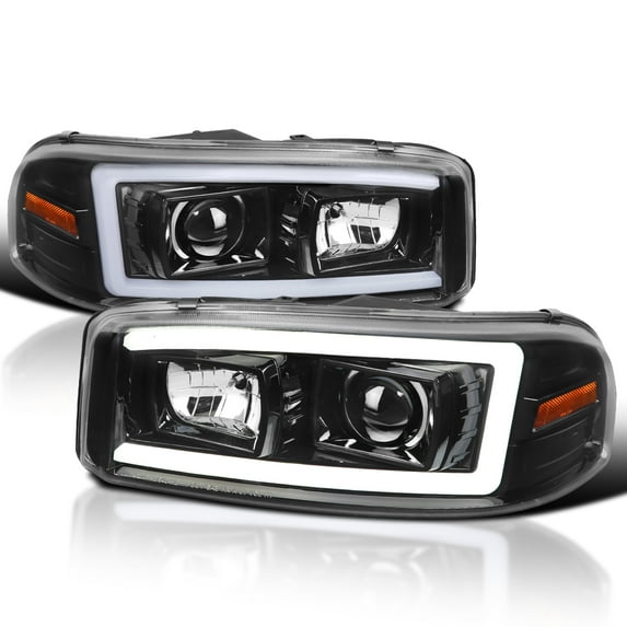 Spec-D Tuning Jet Black LED Light Tube Projector Headlight Compatible with 1999-2006 GMC Sierra Yukon XL 1500/2500/3500, Left + Right Pair Headlamps Assembly