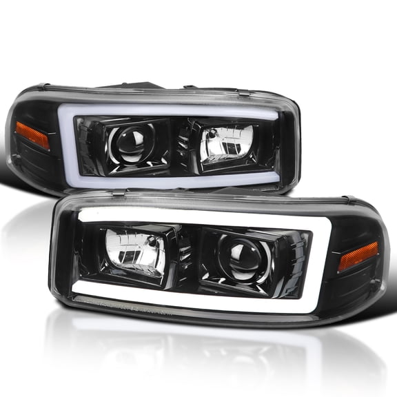 Spec-D Tuning Jet Black LED Light Tube Projector Headlight Compatible with 1999-2006 GMC Sierra Yukon XL 1500/2500/3500, Left + Right Pair Headlamps Assembly