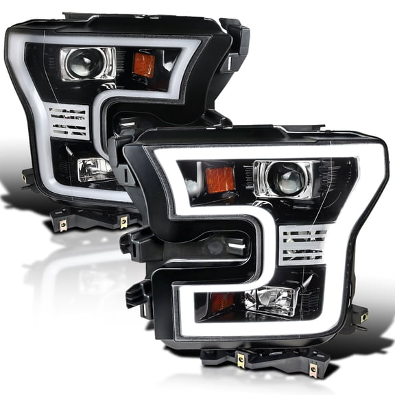 Spec-D Tuning Jet Black Projector Headlights W/ LED Light Bar Compatible with 2015-2017 Ford F150, Left + Right Pair Headlamps Assembly