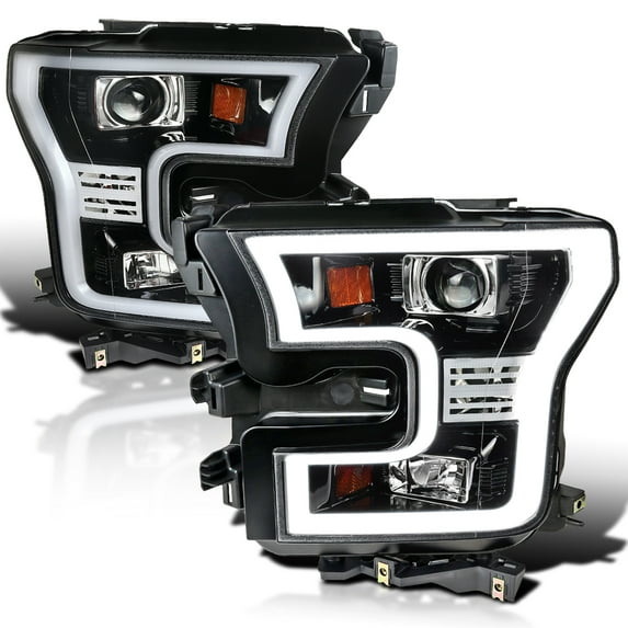 Spec-D Tuning Jet Black Projector Headlights W/ LED Light Bar Compatible with 2015-2017 Ford F150, Left + Right Pair Headlamps Assembly