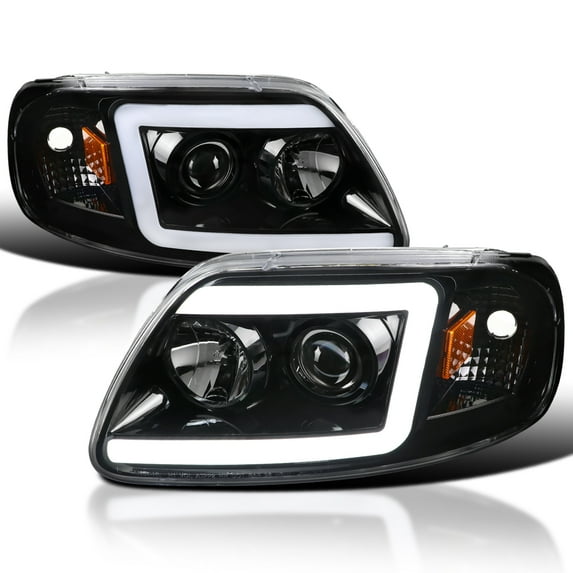 Spec-D Tuning Jet Black Projector Headlights w/ LED Light Bar Compatible with 1997-2003 Ford F-150, 2004 Ford F-150 Heritage, Left + Right Pair Headlamps Assembly