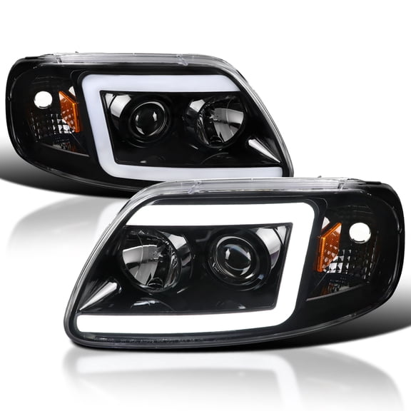 Spec-D Tuning Jet Black Projector Headlights w/ LED Light Bar Compatible with 1997-2003 Ford F-150, 2004 Ford F-150 Heritage, Left + Right Pair Headlamps Assembly