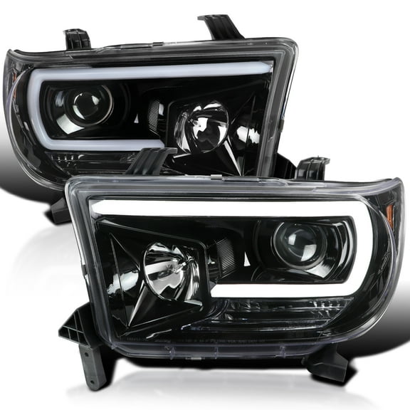 Spec-D Tuning Jet Black Projector Headlights w/ LED Light Bar Compatible with 2007-2013 Toyota Tundra, 2008-2017 Toyota Sequoia, Left + Right Pair Headlamps Assembly