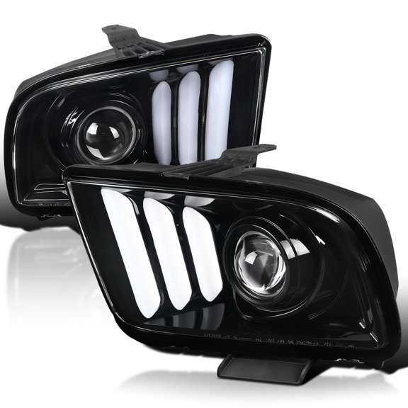 Spec-D Tuning Jet Black Projector Headlights w/ LED Light Bar Compatible with 2005-2009 Ford Mustang, Left + Right Pair Headlamps Assembly