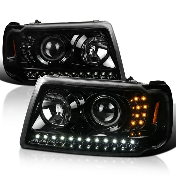 Spec-D Tuning Jet Black Projector Headlights w/ LED Strip and LED Turn Signal Compatible with 2001-2011 Ford Ranger, Left + Right Pair Headlamps Assembly
