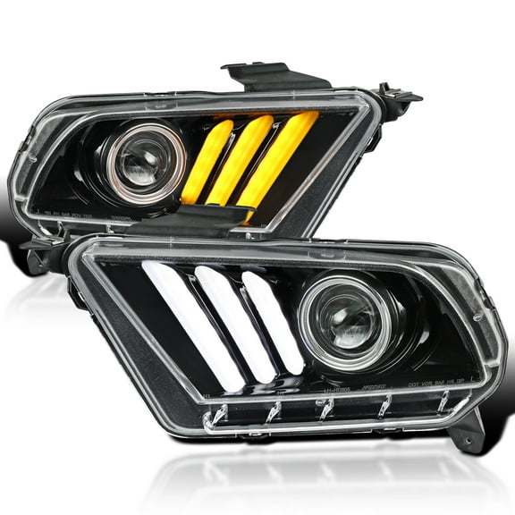 Spec-D Tuning Jet Black Projector Headlights w/ Sequential LED Bar Compatible with 2010-2014 Ford Mustang, Left + Right Pair Headlamps Assembly