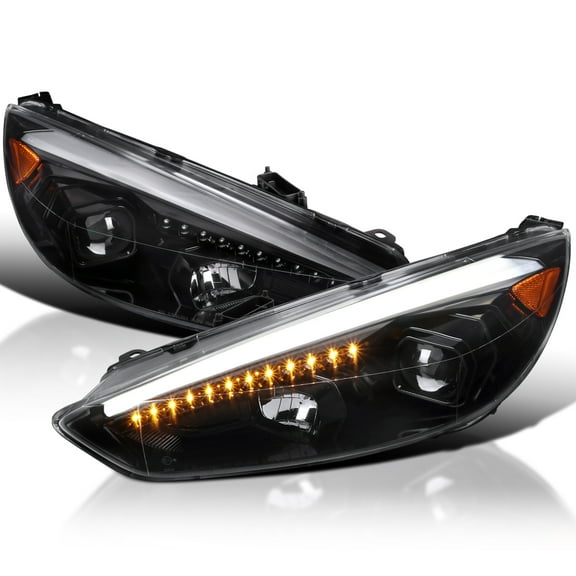 Spec-D Tuning Jet Black Projector Headlights w/ Sequential LED Signal Tube Compatible with 2015-2018 Ford Focus, Left + Right Pair Headlamps Assembly