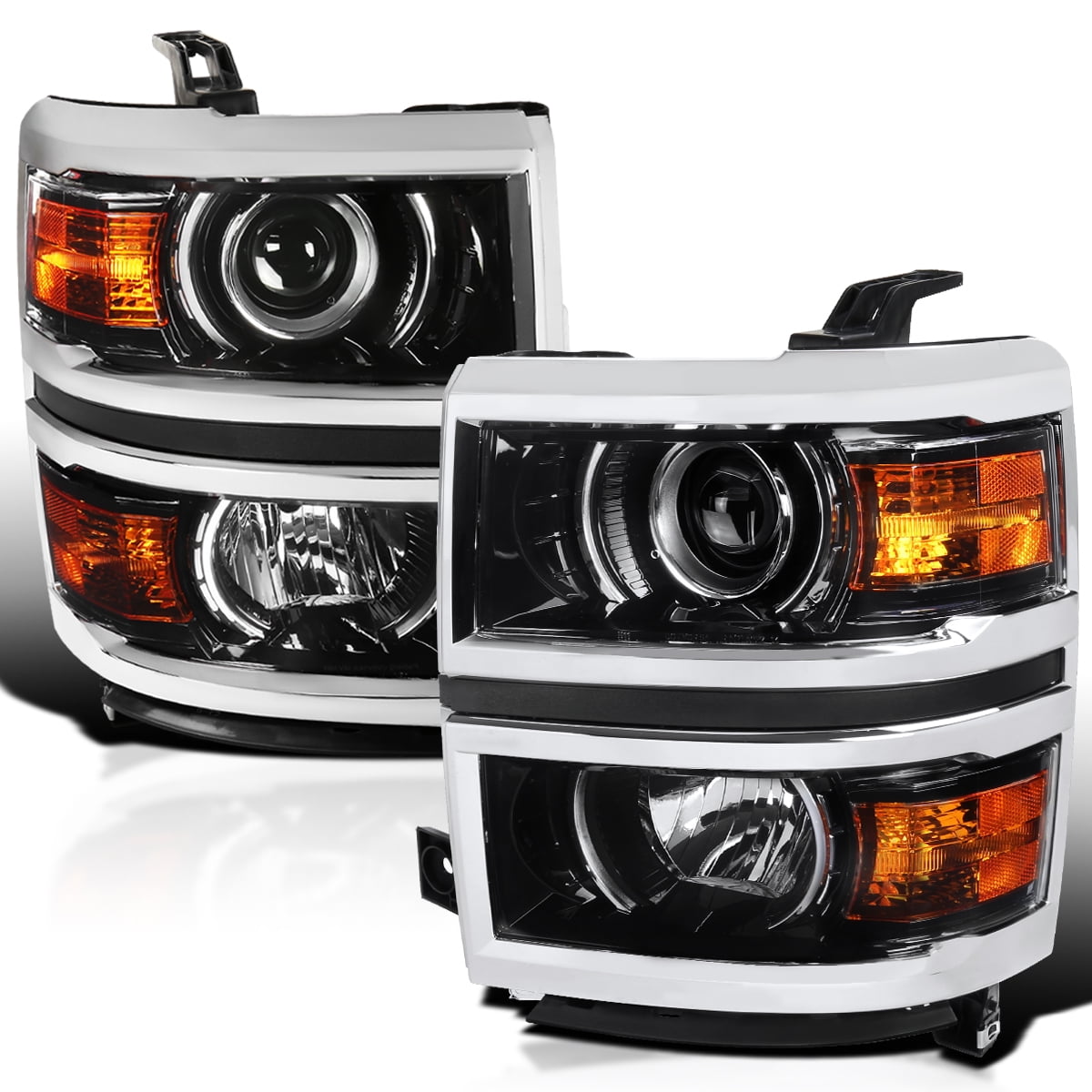 Spec-D Tuning Jet Black Projector Headlights w/ Silver Trim Compatible with 2014-2015 Chevy Silverado 1500, Left + Right Pair Headlamps Assembly
