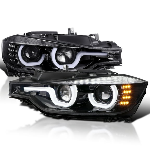 Spec-D Tuning Jet Black U-Halo Projector Headlights w/ LED Strip Compatible with 2012-2015 BMW F30 3-Series Sedan HID Type , Left + Right Pair Headlamps Assembly