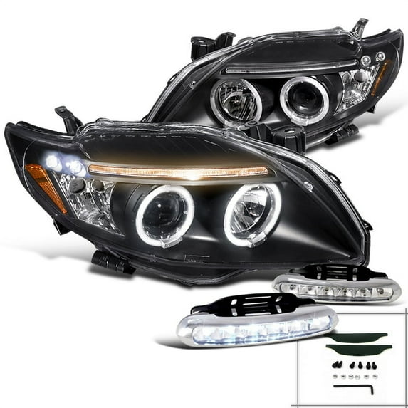 Spec-D Tuning LED Black Projector Headlights + LED Driving Bumper Fog Lamp Compatible with Corolla Left + Right Pair Headlamps Assembly