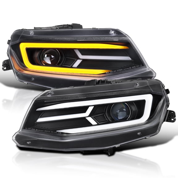 Spec-D Tuning Black Projector Headlights w/ LED Sequential Signal & DRL Compatible with 2016-2018 Chevy Camaro, Left + Right Pair Headlamps Assembly