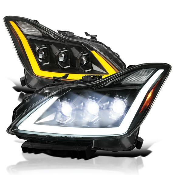 Spec-D Tuning Triple Full LED Black Projector Headlights w/ Sequential Signal, DRL & Startup Animation Compatible with 2008-2013 Infiniti G37, 2014-2015 Q60, Left + Right Pair Headlamps