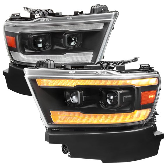 Spec-D Tuning LED Black Projector Headlights w/ Sequential Turn Signals, DRL & Startup Animation Compatible with 2019-2024 Dodge Ram 1500, Left + Right Pair Headlamps Assembly