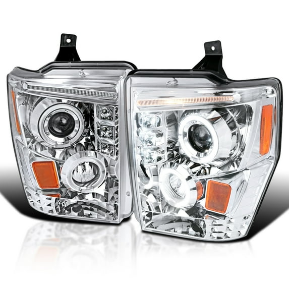 Spec-D Tuning LED Chrome Housing Clear Lens Projector Headlights Compatible with 2008-2010 Ford F-250/F-350/F-450/F-550 Super Duty, Left + Right Pair Headlamps Assembly