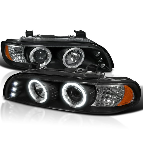 Spec-D Tuning LED Dual Angel Eyes Projector Headlights Black Compatible with 1996-2003 BMW E39 5-Series Models Without OE Xenon Headlights, Left + Right Pair Headlamps Assembly