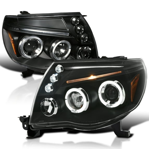 Spec-D Tuning LED Dual Halo Black Projector Headlights Compatible with 2005-2011 Toyota Tacoma, Left + Right Pair Headlamps Assembly