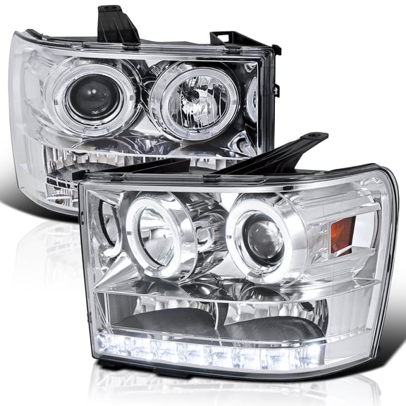 Spec-D Tuning LED Dual Halo Chrome Housing Clear Lens Projector Headlights Compatible with 2007-2013 GMC Sierra Models 1500/1500HD/2500HD/3500HD, Left + Right Pair Headlamps Assembly
