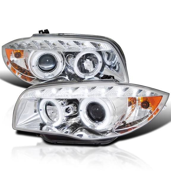 Spec-D Tuning LED Dual Halo Chrome Projector Headlights Compatible with 2008-2013 BMW E81 E82 E88, Left + Right Pair Headlamps Assembly