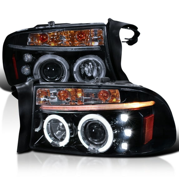Spec-D Tuning LED Dual Halo Glossy Black Housing Smoke Lens Projector Headlights Compatible with 1997-2004 Dodge Dakota, 1998-2003 Dodge Durango, Left + Right Pair Headlamps Assembly