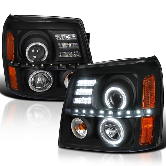 Spec-D Tuning LED Dual Halo Headlights Black Compatible with 2002-2006 Cadillac Escalade All, Left + Right Pair Headlamps Assembly
