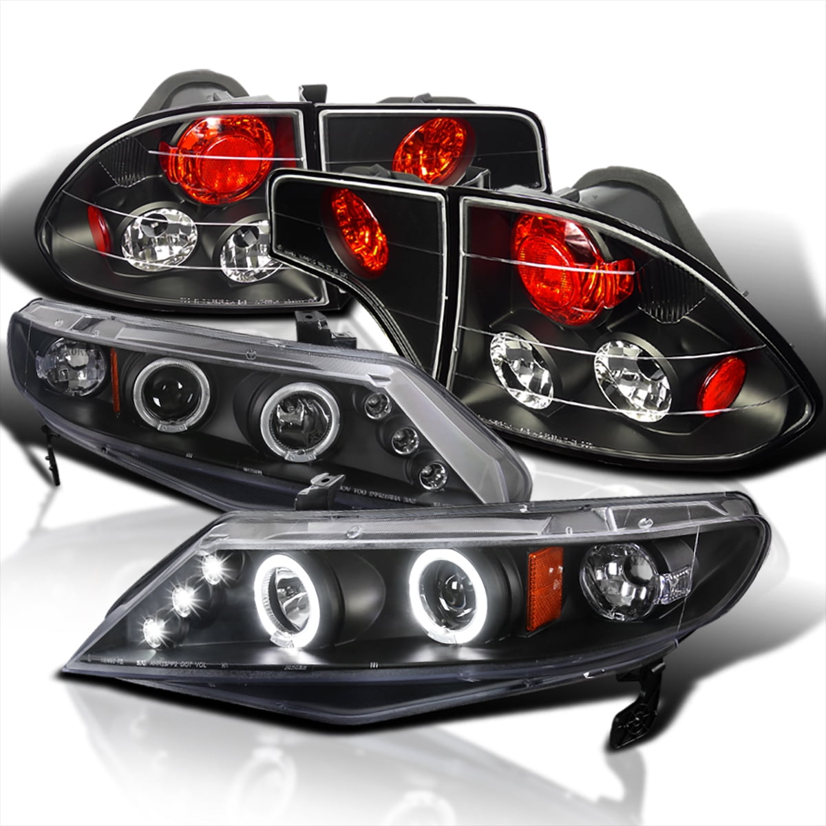 Spec-D Tuning LED Dual Halo Jdm Black Projector + Tail Brake Lamps  Compatible with 2006-2011 Honda Civic 4Dr Left + Right Pair Headlamps  Assembly