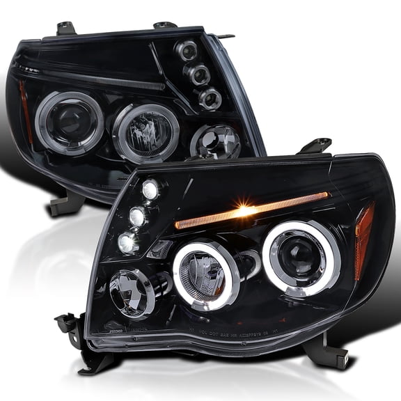 Spec-D Tuning LED Dual Halo Smoke Lens Glossy Black Housing Projector Headlights Compatible with 2005-2011 Toyota Tacoma, Left + Right Pair Headlamps Assembly