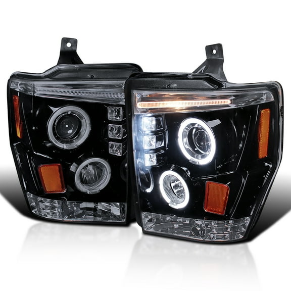 Spec-D Tuning LED Glossy Black Projector Dual Halo Headlights Compatible with 2008-2010 Ford F-250/F-350/F-450/F-550 Super Duty, Left + Right Pair Headlamps Assembly
