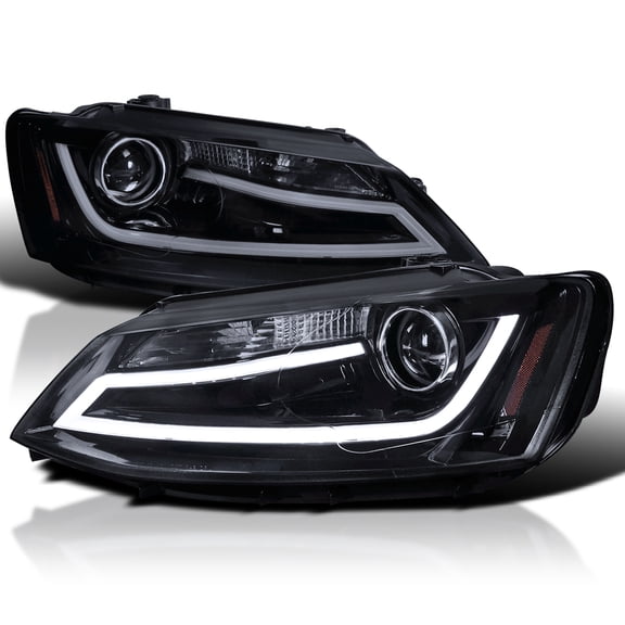 Spec-D Tuning LED Glossy Black Smoke Projector Headlights w/ LED Light Bar Compatible with 2011-2018 VW Jetta, Left + Right Pair Headlamps Assembly