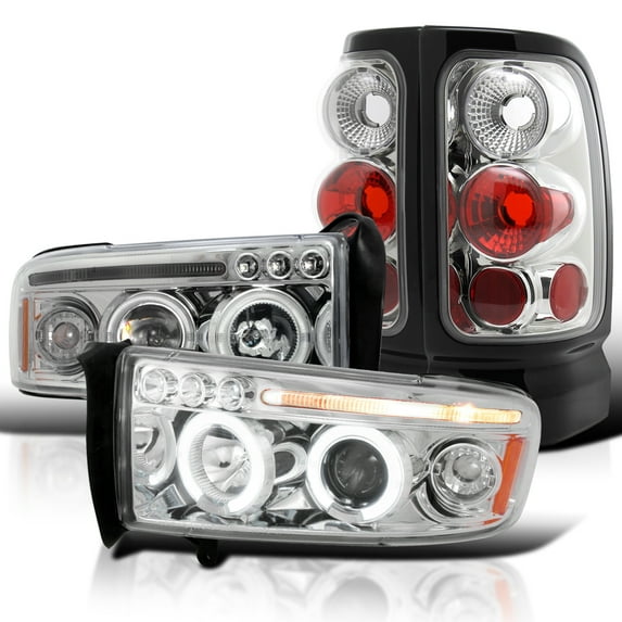 Spec-D Tuning LED Halo Chrome Projector + Clear Tail Brake Lamps Compatible with 1994-2001 Dodge Ram Left + Right Pair Headlamps Assembly