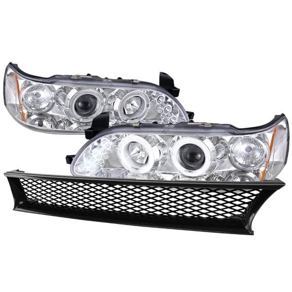 Spec-D Tuning LED Halo Projector Headlights + Abs Mesh Hood Grille Compatible with 1993-1997 Toyota Corolla Left + Right Pair Headlamps Assembly