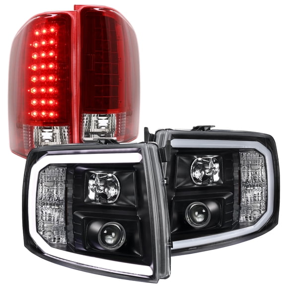 Spec-D Tuning LED Light Bar Black Housing Clear Lens Projector Headlights + Red Tint LED Tail Lights Compatible with 2007-2014 Chevrolet Silverado Left + Right Pair Headlamps Assembly