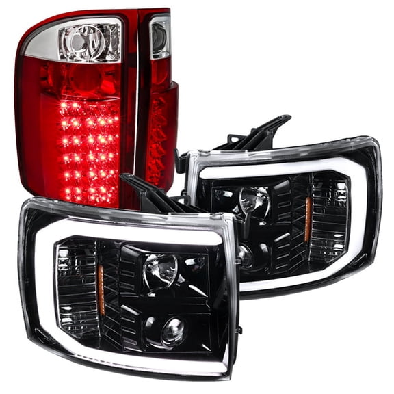 Spec-D Tuning LED Light Bar Jet Black Housing Clear Lens Projector Headlights + Red Altezza Style LED Tail Lights Compatible with Chevrolet Silverado Left + Right Pair Headlamps Assembly
