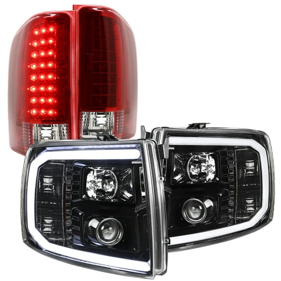 Spec-D Tuning LED Light Bar Jet Black Housing Clear Lens Projector Headlights + Red Tint LED Tail Lights Compatible with Chevrolet Silverado Left + Right Pair Headlamps Assembly