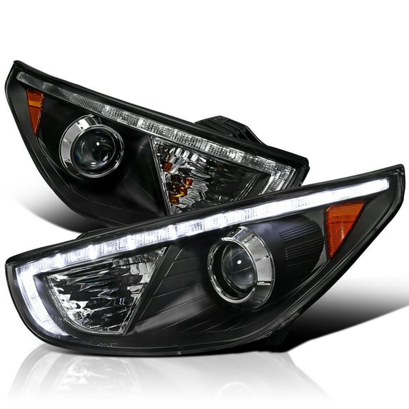Spec-D Tuning LED R8 Style Projector Headlights Black Compatible with 2010-2013 Hyundai Tucson, Left + Right Pair Headlamps Assembly