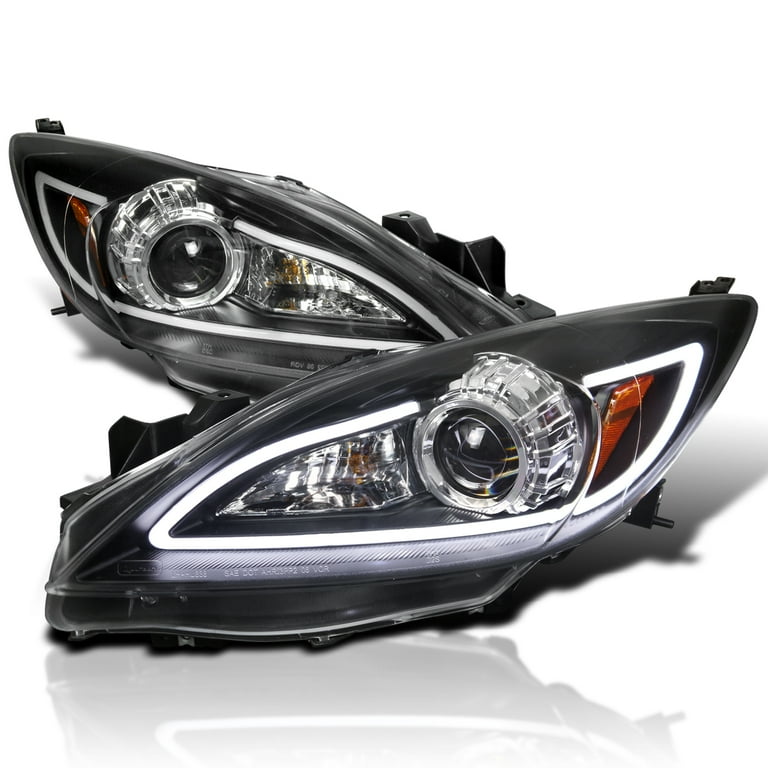 Spec D Tuning LED Strip Projector Headlights Black Compatible with 2010 2013 Mazda 3 Left Right Pair Headlamps Assembly