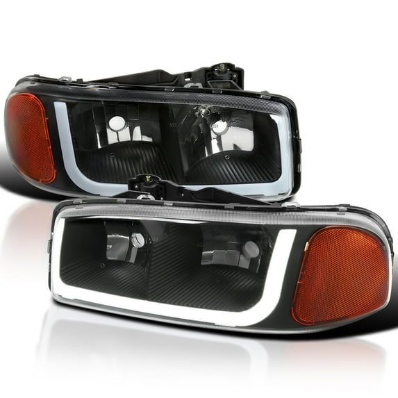Spec-D Tuning Matte Black Headlights+LED Strip Compatible with 1999-2006 GMC Sierra 1500/2500/3500, L+R Pair Head Light Lamp Assembly