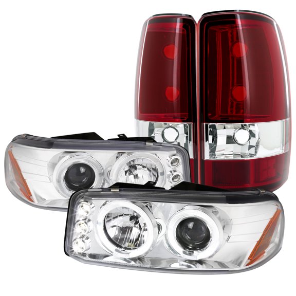Spec-D Tuning Piano Black Halo Projector Headlights + LED Fog Lamps Compatible with GMC Yukon Denali Left + Right Pair Headlamps Assembly