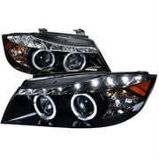 Spec-D Tuning Piano Black Projector Headlights + R8 LED Strip Compatible with 2006-2008 BMW E90 3-Series 4 Door Sedan Left + Right Pair Headlamps Assembly