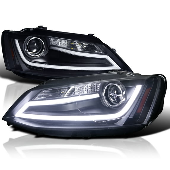 Spec-D Tuning Projector Headlights Black W/ LED Light Bar Compatible with 2011-2018 VW Jetta, Left + Right Pair Headlamps Assembly