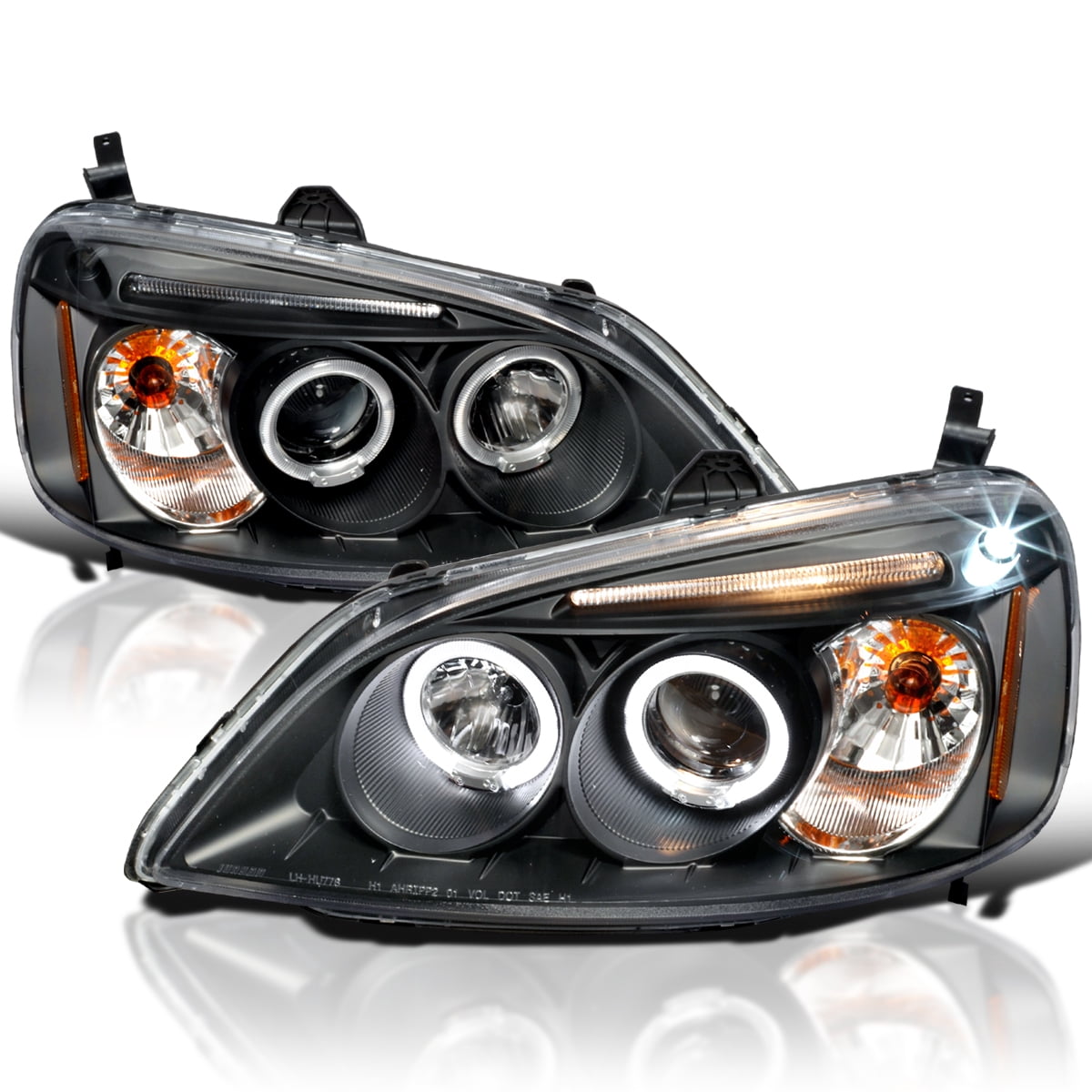 Black Projector Headlights For 2001-2003 Honda Civic – Pair (Left & Right) With H1 Bulbs