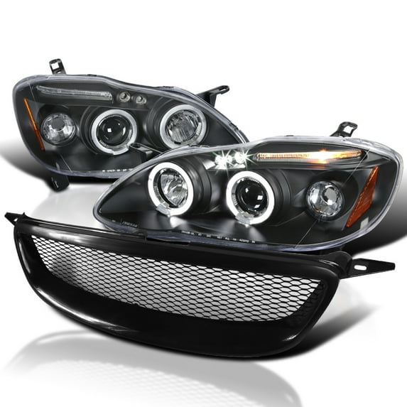 Spec-D Tuning Projector Headlights + Mesh Grille Black Compatible with 2003-2008 Toyota Corolla Left + Right Pair Headlamps Assembly