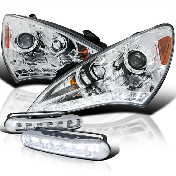 Spec-D Tuning Projector LED Headlights Chrome + LED Bumper Fog Lamp Compatible with Genesis Left + Right Pair Headlamps Assembly
