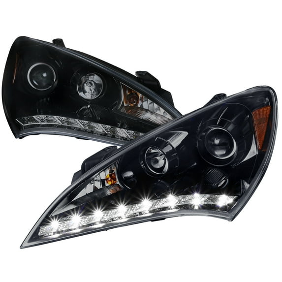 Spec-D Tuning Projector Smoke Lens Glossy Black Housing Headlights R8 Style LED Compatible with 2010-2012 Hyundai Genesis 2-Door Coupe, Left + Right Pair Headlamps Assembly