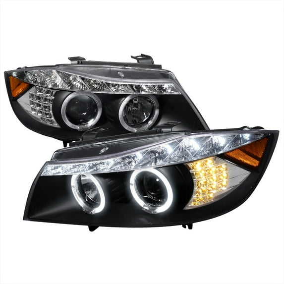 Spec-D Tuning R8 Style LED Signal Eyelid Black Projector Headlights Compatible with 2006-2008 BMW E90 3-Series 4Dr With Stock Halogen Headlight, Left + Right Pair Headlamps Assembly