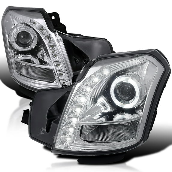 Spec-D Tuning SMD LED Halo Chrome Housing Clear Lens Projector Headlights Compatible with 2003-2007 Cadillac CTS, Left + Right Pair Headlamps Assembly