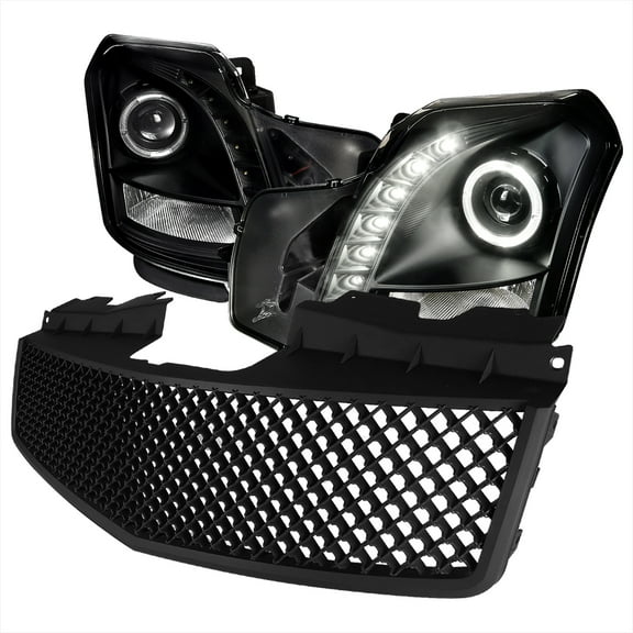 Spec-D Tuning SMD LED Halo Projector Headlights + Matte Black Mesh Hood Abs Grille Compatible with 2003-2007 Cadillac Cts Left + Right Pair Headlamps Assembly