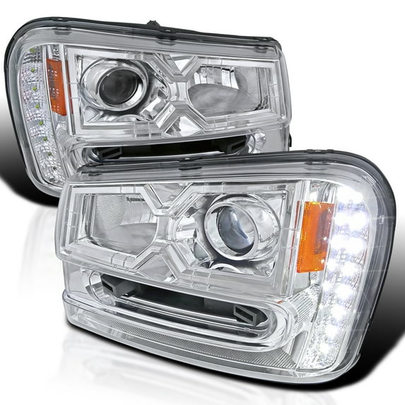 Spec-D Tuning SMD LED Strip Chrome Projector Headlights Compatible with 2002-2009 Chevy Trailblazer, Left + Right Pair Headlamps Assembly