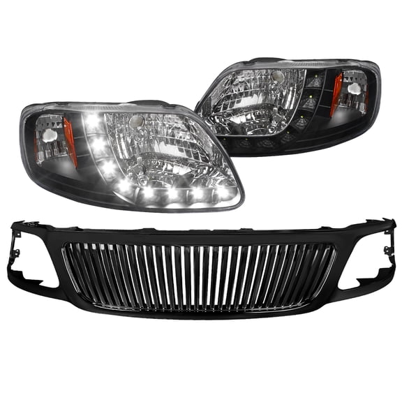 Spec-D Tuning SMD Led Strip Black Headlight + Front Vertical Hood Grille Compatible with 1999-2002 Ford F150