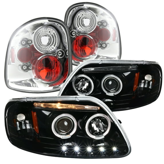 Spec-D Tuning Shiny Black LED Halo Projector Headlights+Clear Brake Tail Lamps Compatible with 1997-2003 Ford F150 Left + Right Pair Headlamps Assembly